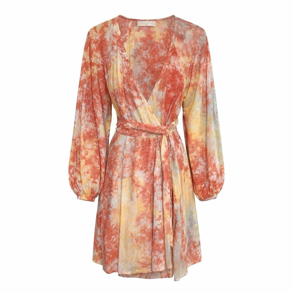 Natalie Martin Tie-Waist Long Sleeve Tie-Dye Dress in Coral and Yellow